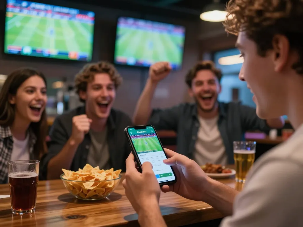 Betting enthusiast using CAKHIATV app in a lively sports bar during a football match