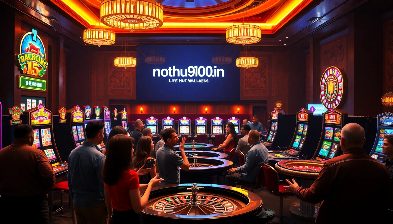 Players enjoying a vibrant casino scene with nohu900.in.net branding, engaging in exciting gaming activities.