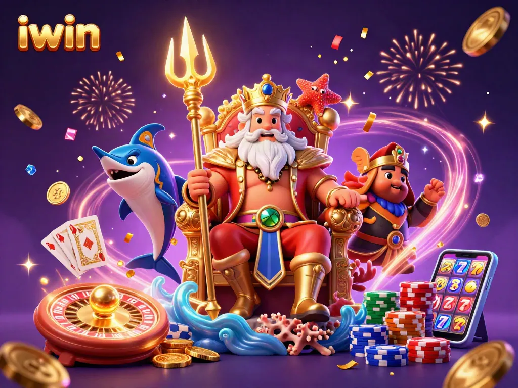 Experience the thrill of iwin with Neptune and a swordfish samurai amidst cascading casino riches.
