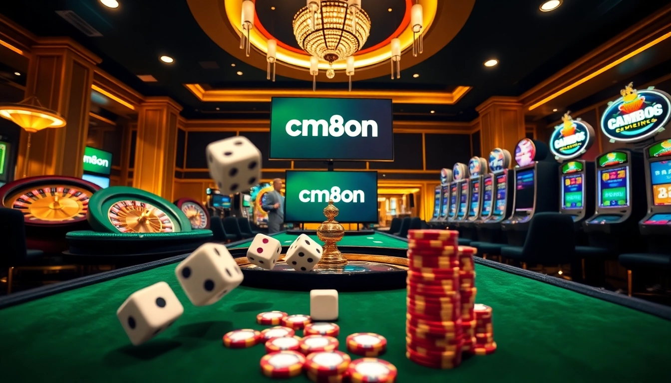 Experience thrilling gaming antics at cm88 com, with roulette wheels and poker tables under vibrant lighting.