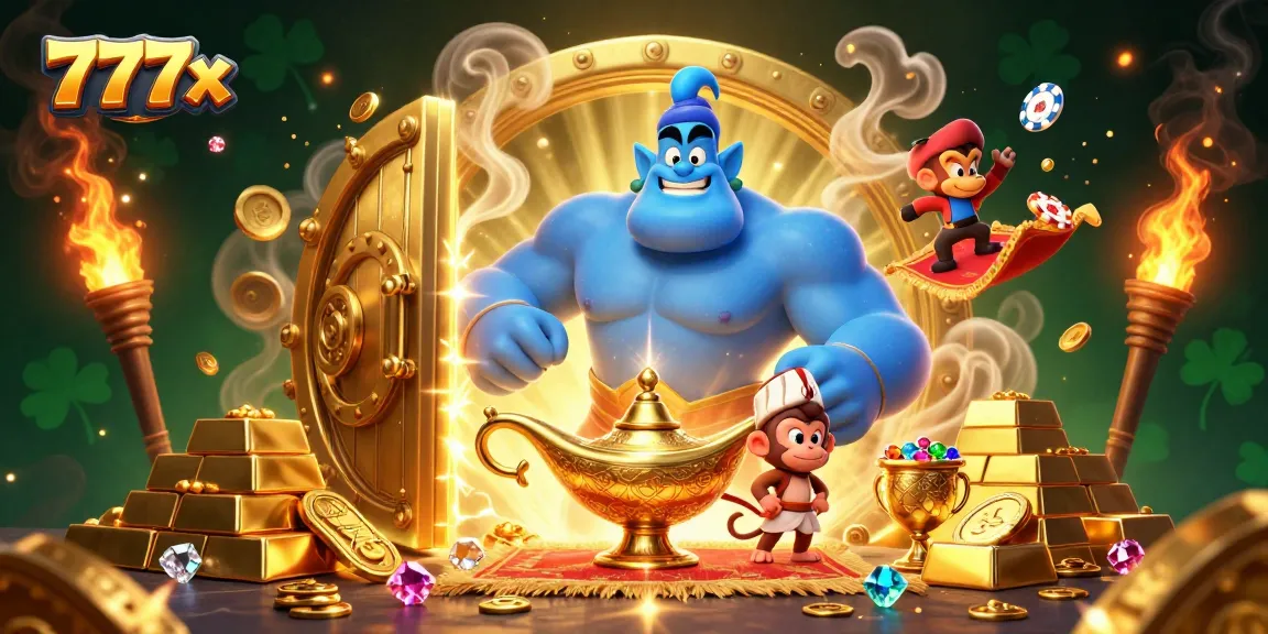 Join the magic of 777x with a dynamic genie, poker chips, and treasures in a vibrant casino scene.