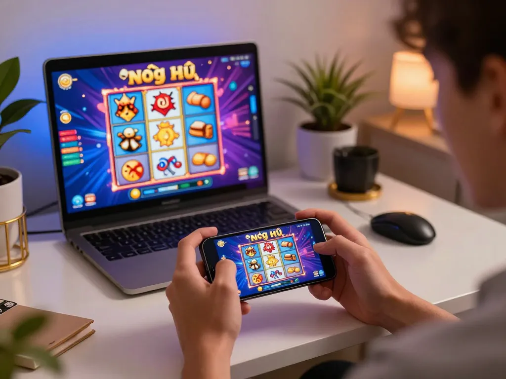 Nổ hũ đổi thưởng gameplay on smartphone shows vibrant slot graphics in cozy home setting.