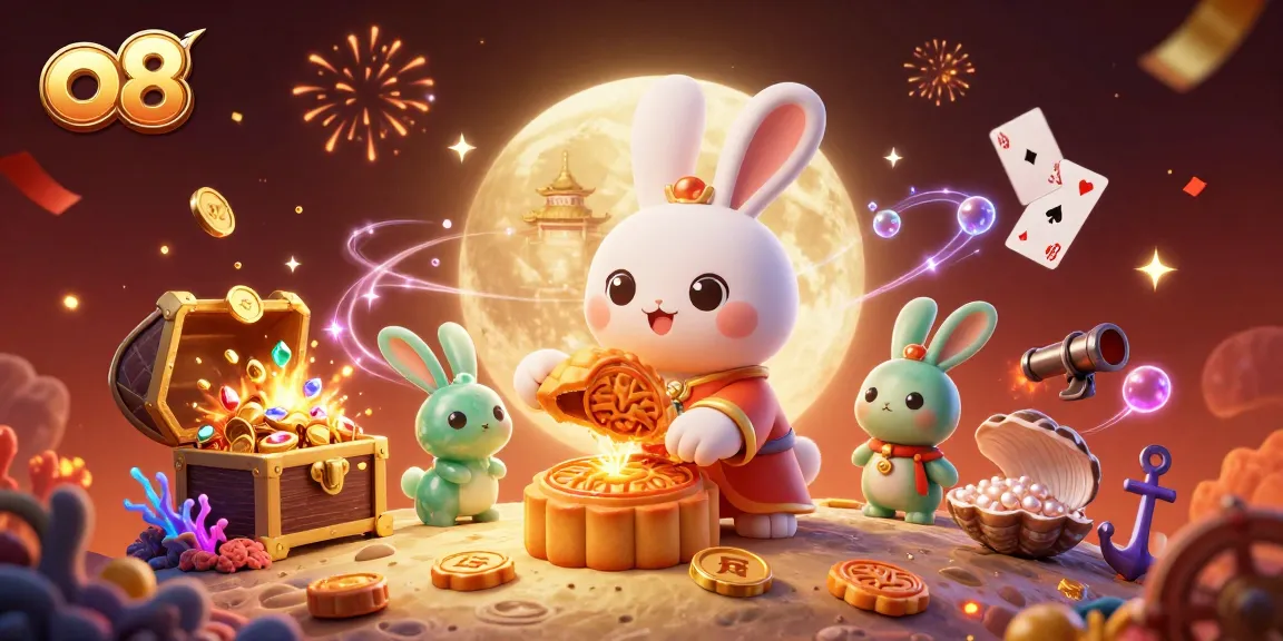 Bet big with o8's golden moon rabbit character revealing poker chips inside mooncakes.