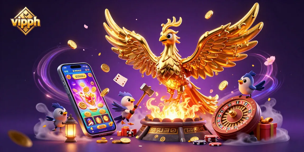 Experience the excitement of vipph through an illustrated scene featuring a molten phoenix and dynamic casino games.