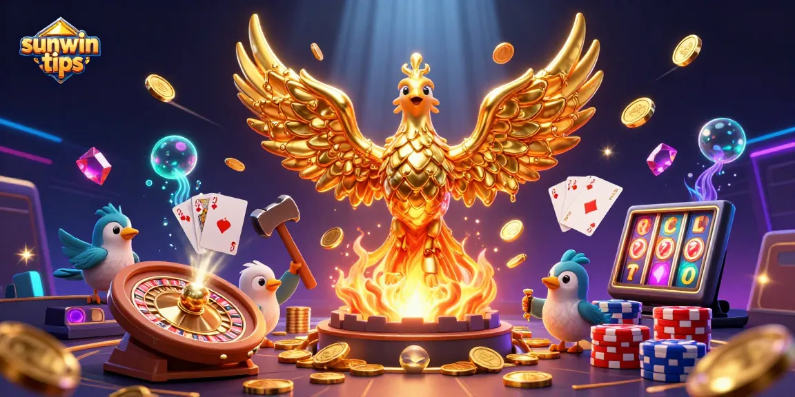 Win with sunwin tips in dynamic 3D casino scene featuring a golden phoenix and vibrant elements.