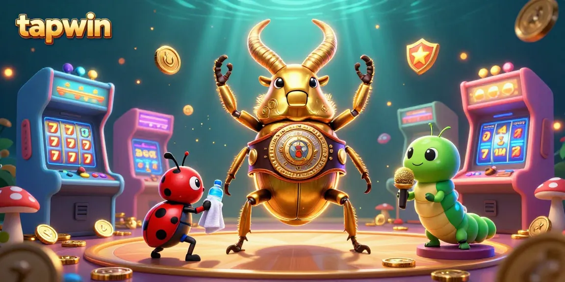Experience tapwin gaming thrills with a giant beetle champ and ladybug corner-man in a vibrant casino scene.