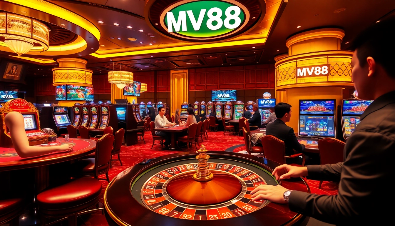 Experience the excitement of MV88 as players engage in thrilling casino games with vibrant visuals and luxurious atmosphere.