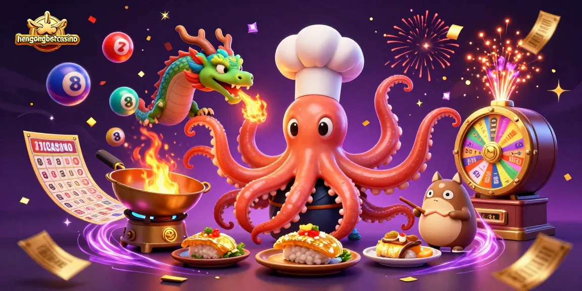 Engaging scene at hengongbetcasino with a sushi chef octopus preparing winning dishes, colorful lottery balls bouncing around.