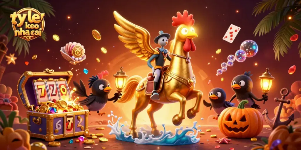 Engage in ty le keo nha cai action with vibrant 3D casino scene featuring a golden rooster in dynamic play.