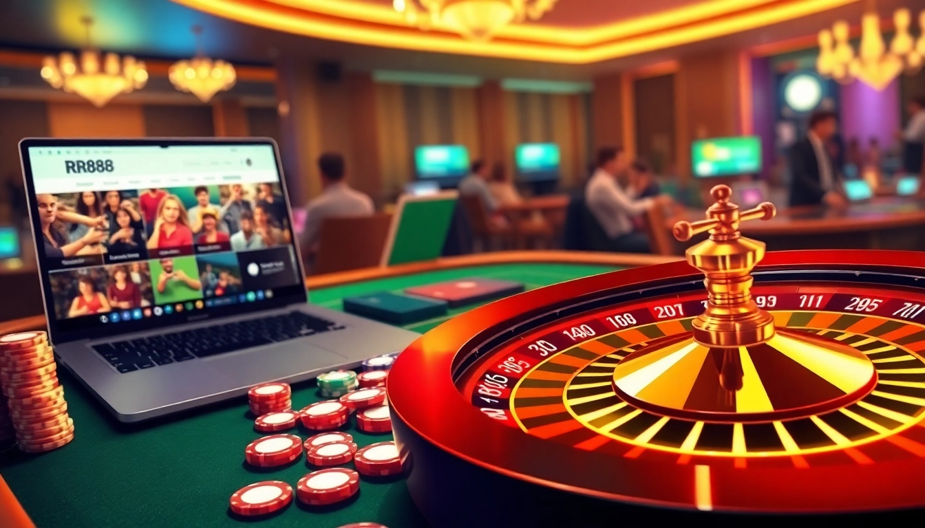 Experience RR88 online gambling with vibrant gaming elements like chips and roulette.