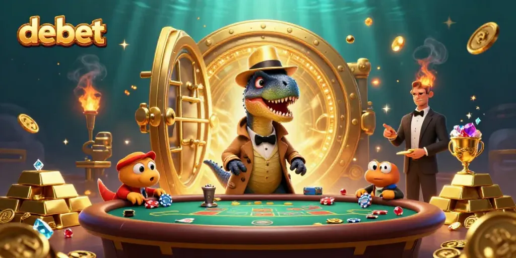 Watch the debet velociraptor sneak chips at the blackjack table with gold treasures bursting around.