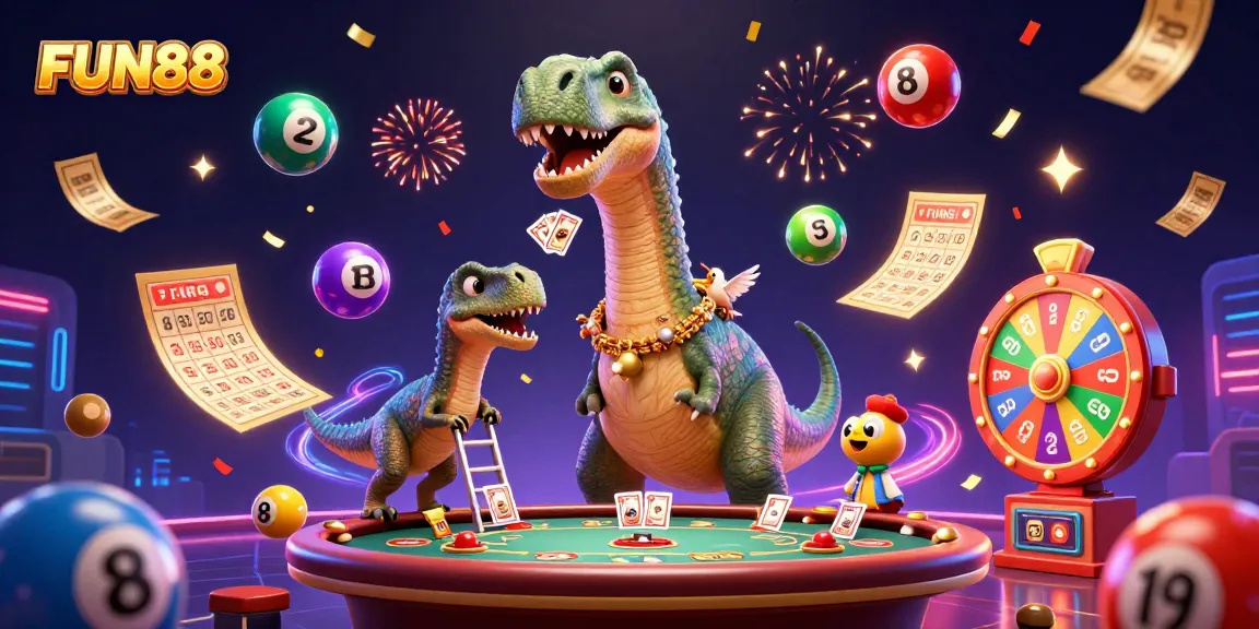 Experience FUN88 excitement with a brontosaurus in a dynamic casino atmosphere filled with vibrant games.
