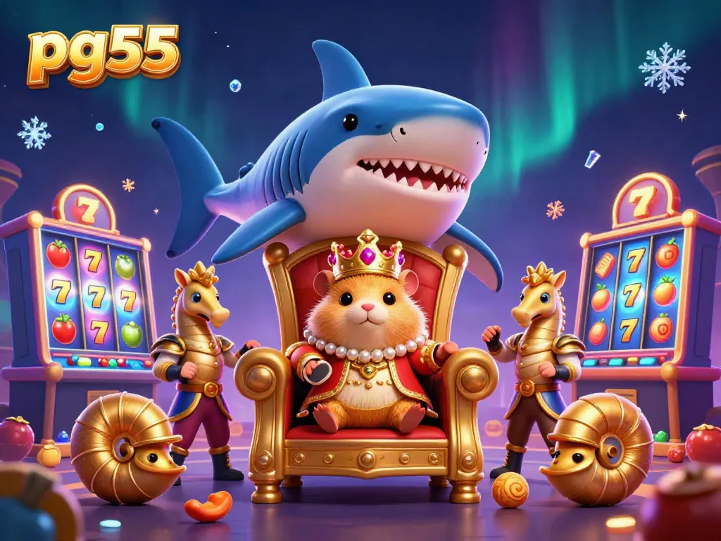 Engage with the vibrant casino experience at pg55, featuring a golden hamster king on a megalodon throne with slot machines.