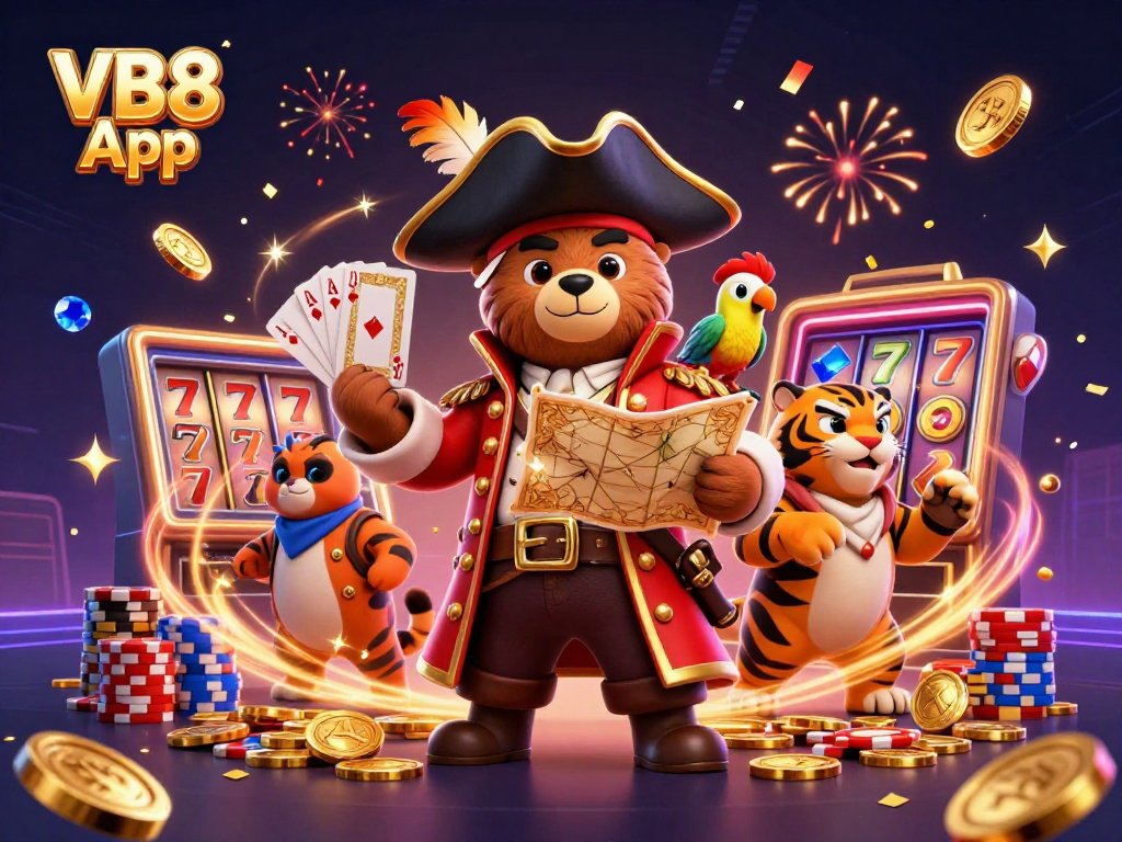 Engage with the VB8 App in a vibrant 3D casino adventure featuring animated characters and thrilling game elements.
