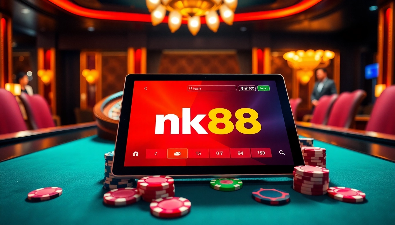 Engaging visuals of the nk88 app interface on a casino table with poker chips and cards