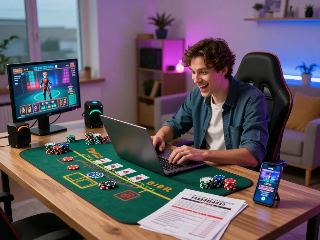 O8 online gaming setup with vibrant poker gameplay and modern home office ambiance.