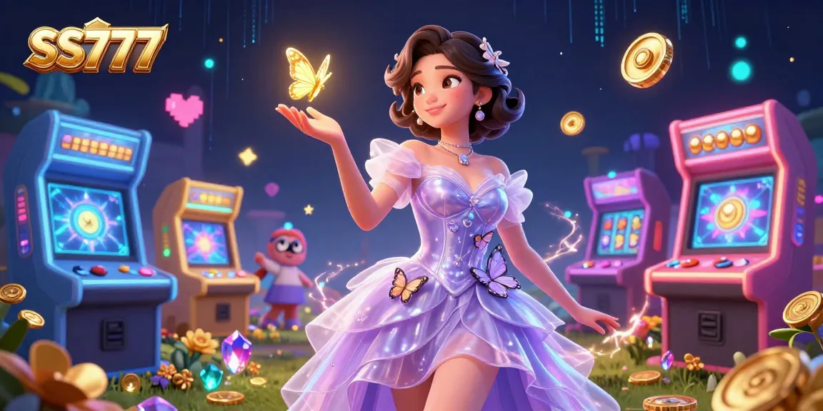 Experience the excitement of SS777 with vibrant slots and golden butterflies in this dynamic illustration.