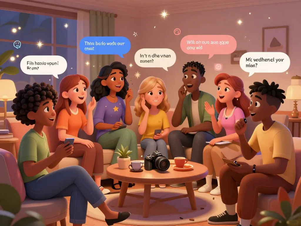 Diverse animated characters engaging in lively NSFW chat, showcasing playful interactions and immersive digital environment with warm lighting.