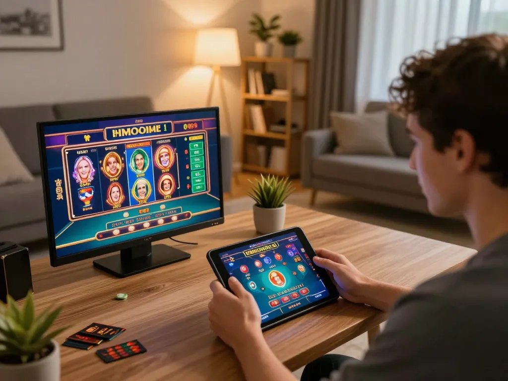 Engaging online casino session on tablet showcasing qq8827 gambling experience in a cozy atmosphere.