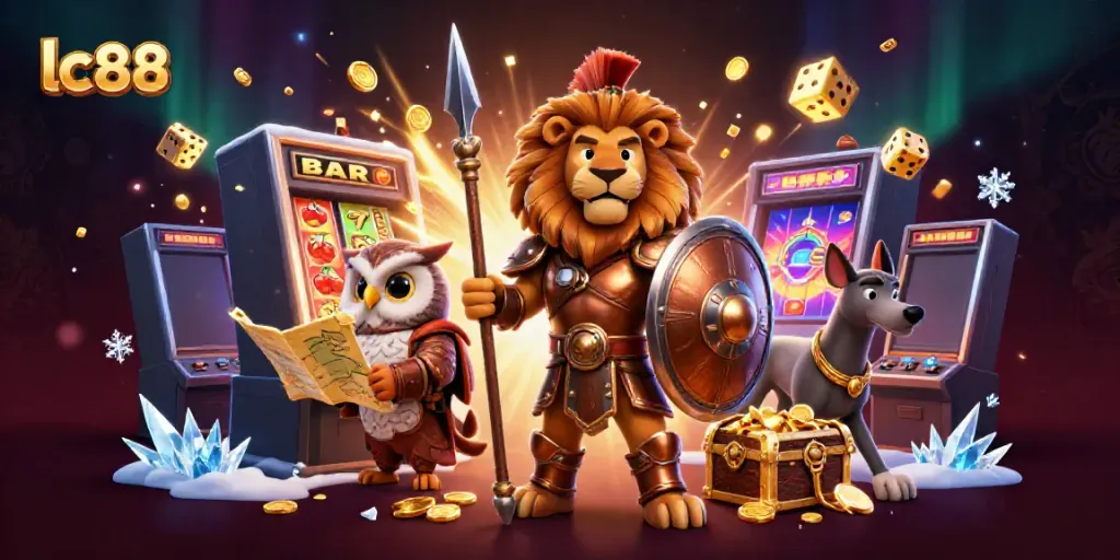 Experience thrilling gaming action with lc88's vibrant casino scene featuring a Spartan lion and dynamic game elements.