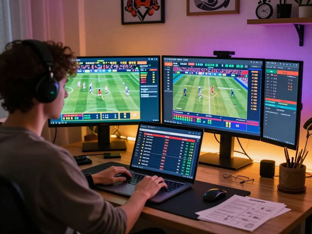 MISO88 user placing live sports bets on their laptop in a modern home office.