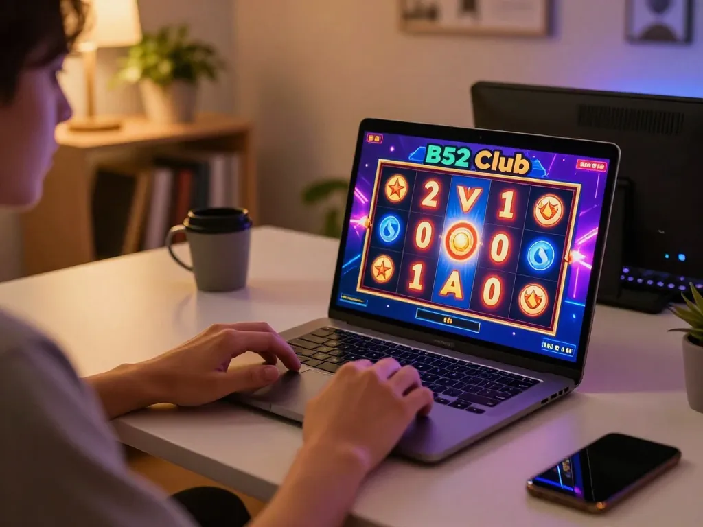 B52 Club slot game in action on a laptop, showcasing vibrant graphics and immersive gameplay.