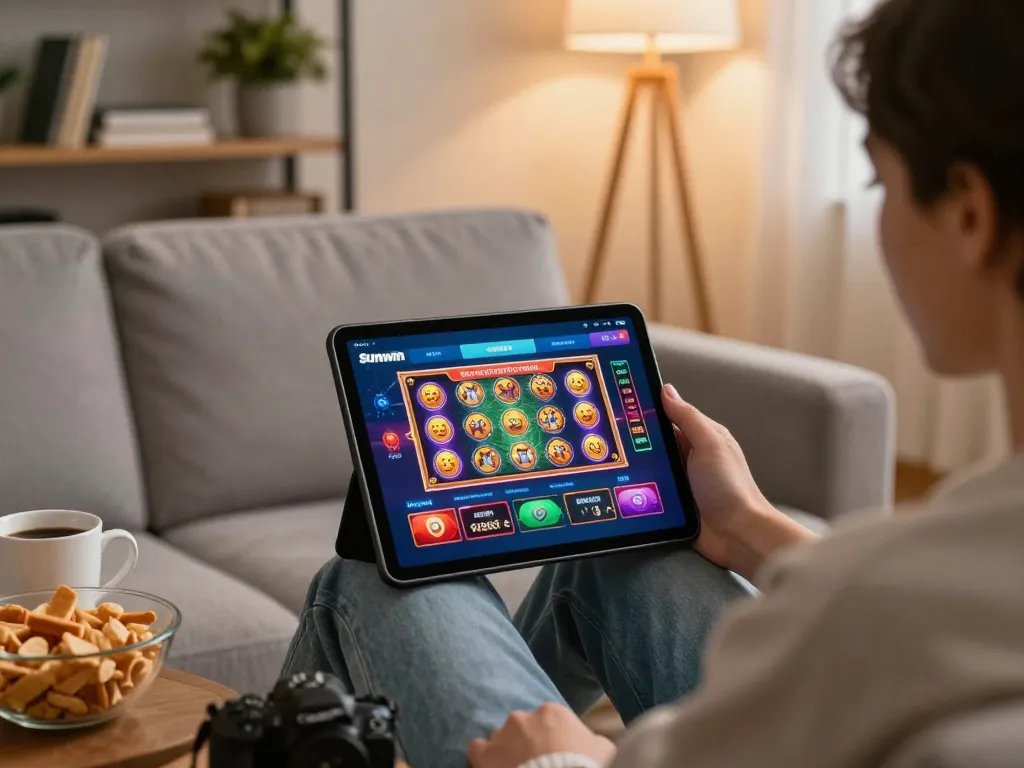 Engaging scene of a user playing Sunwin casino app on a tablet in a cozy home setting, showcasing relaxed gaming.