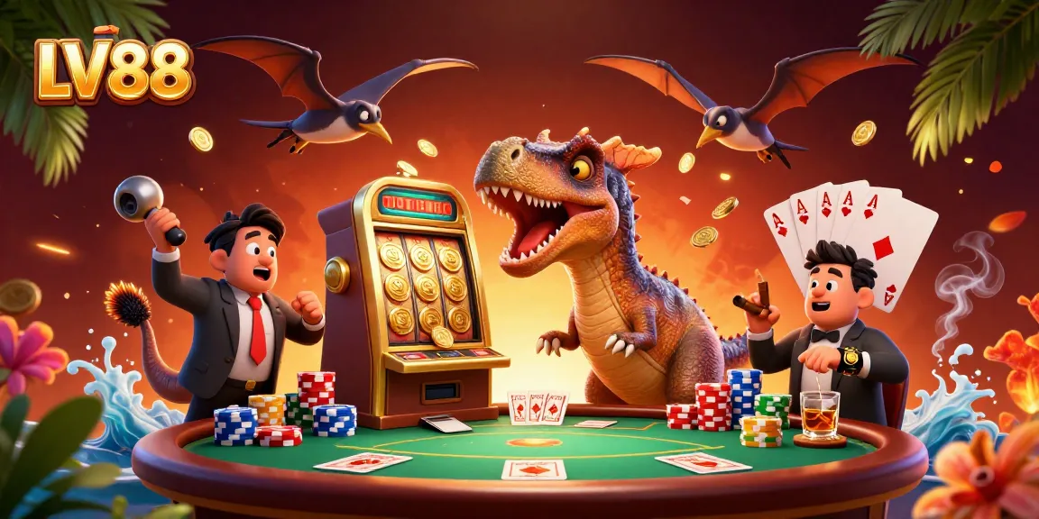 Catch coins falling from the LV88 jackpot as pachycephalosaurus plays slots in a vibrant casino scene.