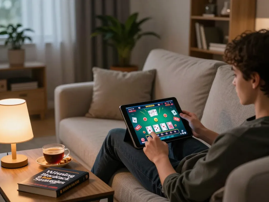 Player enjoying a game of blackjack on F168 at home, showcasing strategic gameplay in a cozy environment.