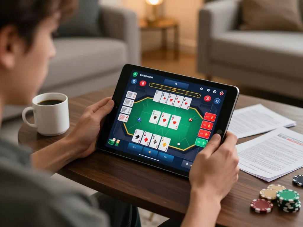 HZ88 online gaming scene with focused player engaging in strategic poker gameplay on tablet.