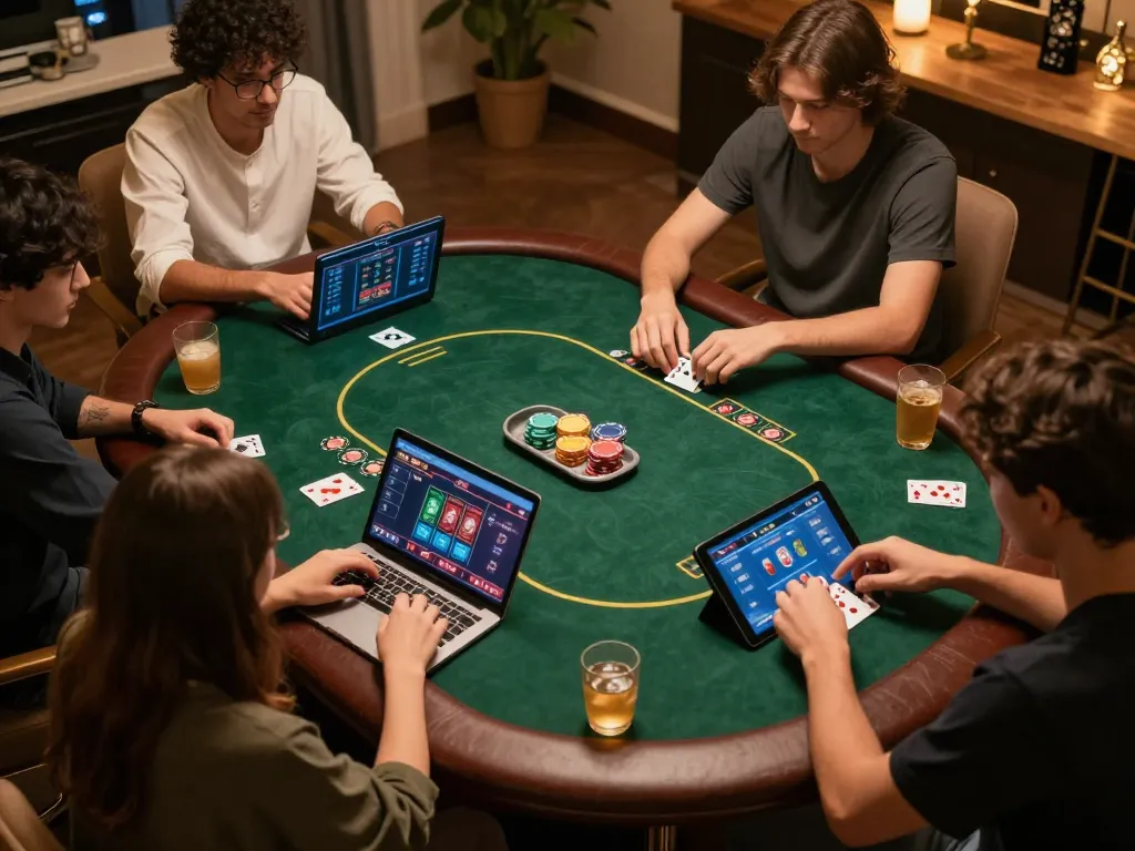 Competitive players engaging in online poker at God55, showcasing strategic gameplay and comfortable home setting.