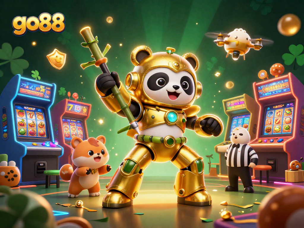 go88 showcases a golden panda piloting a robot in a vibrant casino arena with slot machine elements.