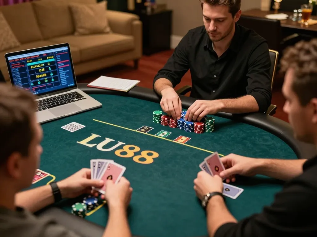Players engaging in an exciting poker game at LU88XZ online casino with warm lighting.