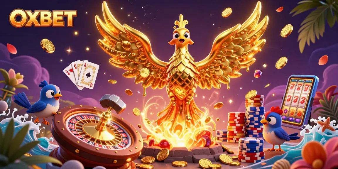 Experience the excitement of OXBET with a vibrant 3D illustration of a phoenix, roulette, and golden coins.