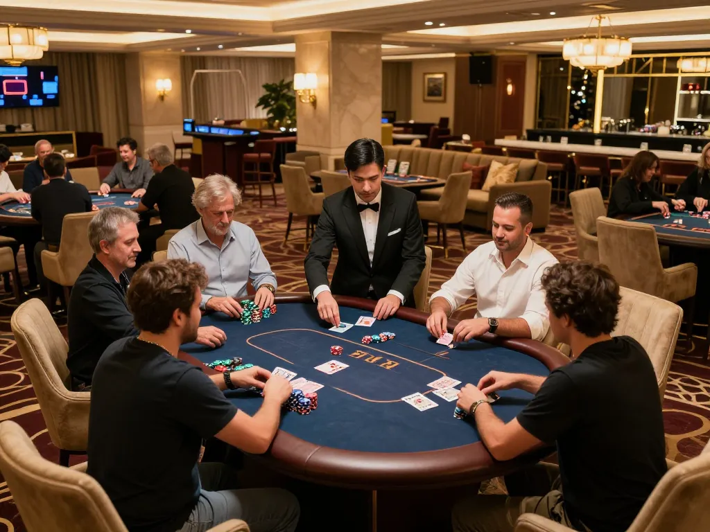 vipwin players enjoying intense poker action in an upscale casino VIP area with elegant decor