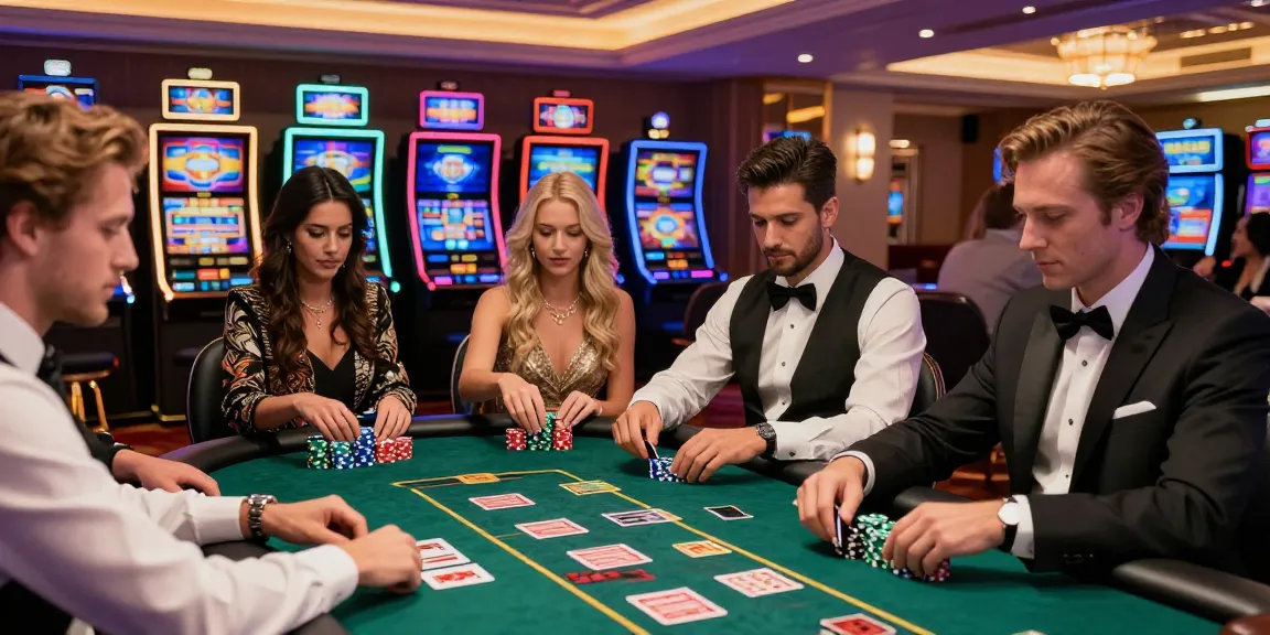 Exciting atmosphere at credit card casinos with players enjoying games and using credit cards for deposits.