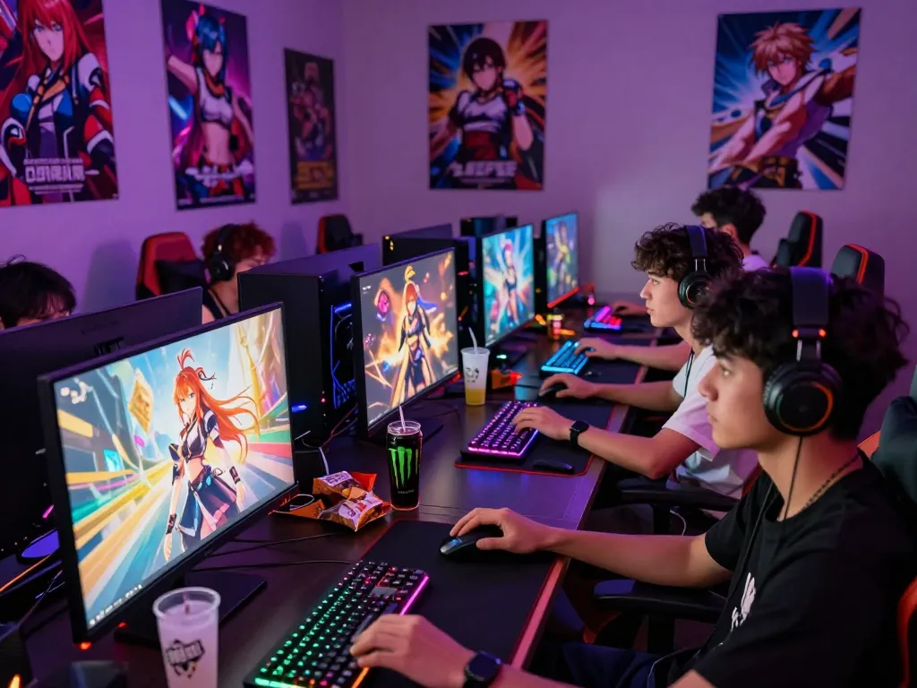 Engaged players enjoying hentai games in a vibrant gaming room environment, showcasing a community atmosphere.