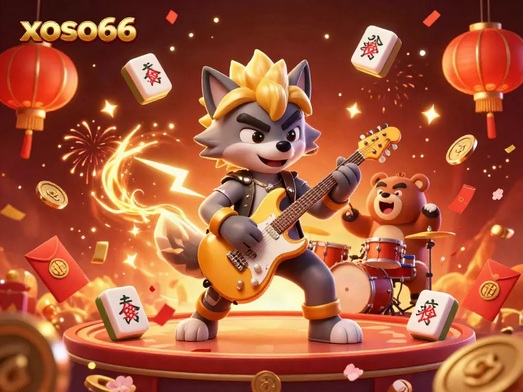 Engage with xoso66 at the exciting casino stage featuring a rock star wolf and drummer bear, with colorful gambling elements.
