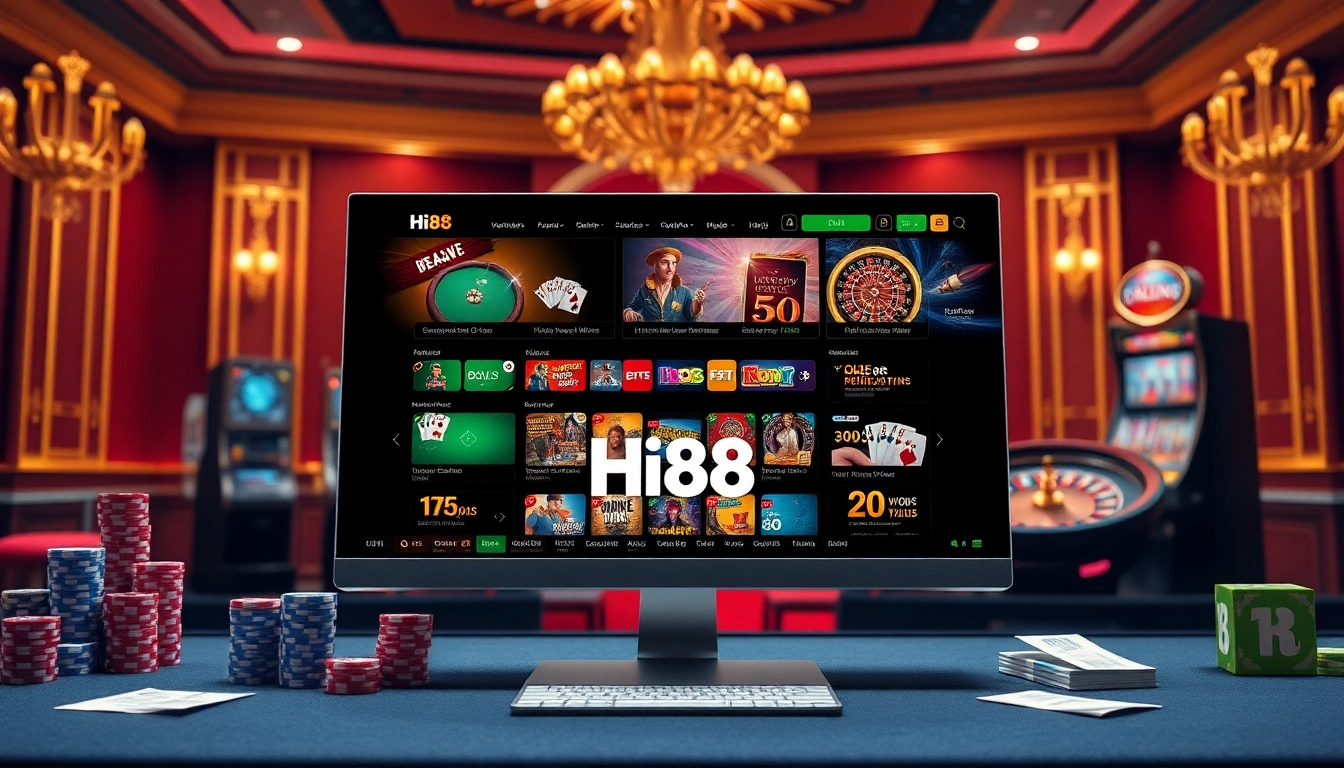 Hi88 online casino showcases vibrant slot machines and poker chips in an engaging virtual gambling experience.