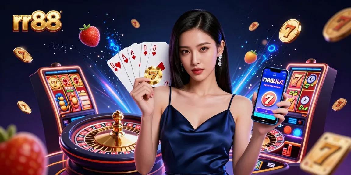 Experience thrilling gameplay with rr88 as a confident woman showcases a casino app, surrounded by exciting slot elements.