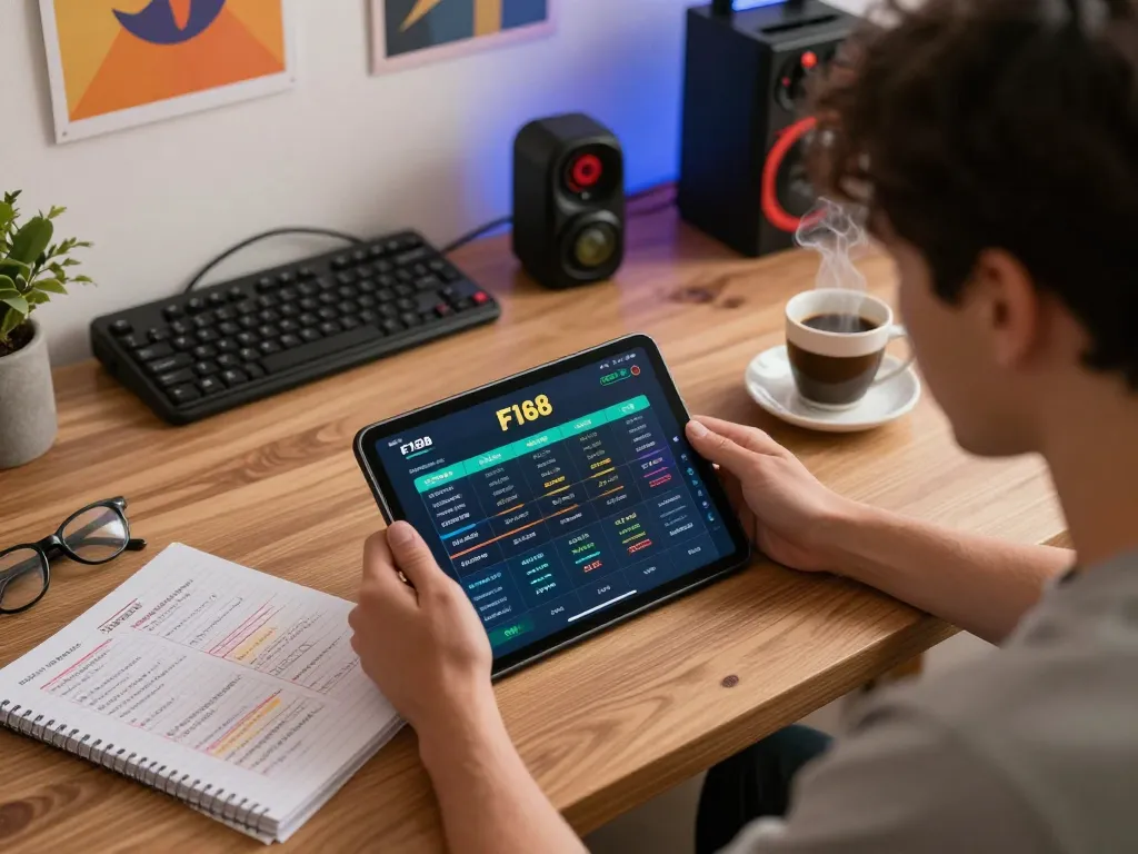 Engaging in F168's online betting through a tablet in a cozy home environment, showcasing responsible gaming setup.