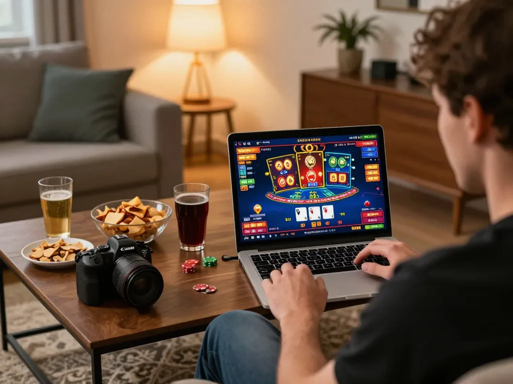 Player engaging with 33WIN online casino on laptop in cozy home setting while enjoying strategic gameplay.