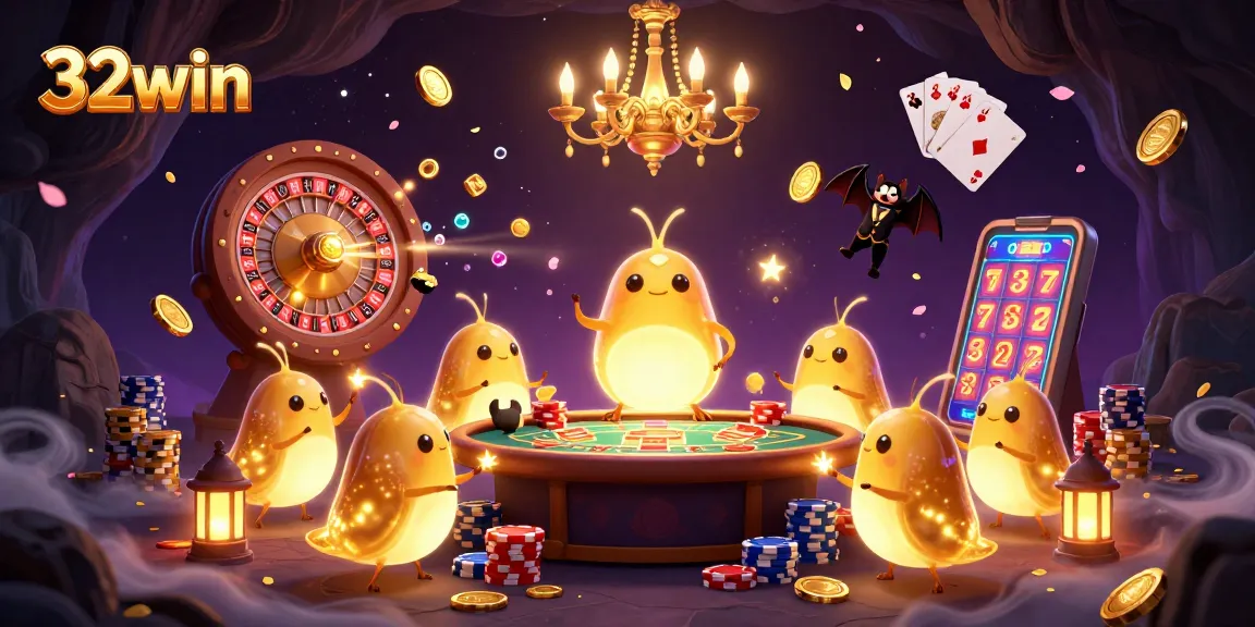 Experience the thrill of 32win with a vibrant cave casino scene featuring glowworms and games.