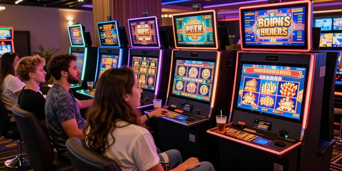Friends enjoying exciting bonus buy slots at an online casino, showcasing vibrant games and joyful atmosphere.