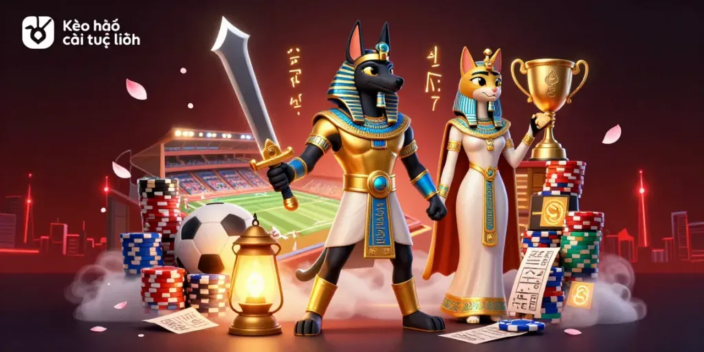 Kèo nhà cái trực tuyến features an ancient Egyptian warrior and cat among sports betting elements, illustrating dynamic action.