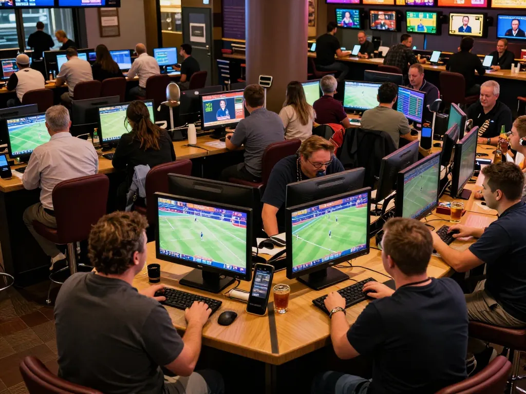 Xoilac sports betting enthusiasts engaged in action at a lively sportsbook with modern digital displays.