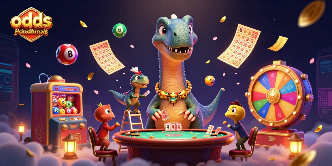 Bet on odds asian handicap terbaik with a vibrant casino illustration featuring a brontosaurus and raptor.
