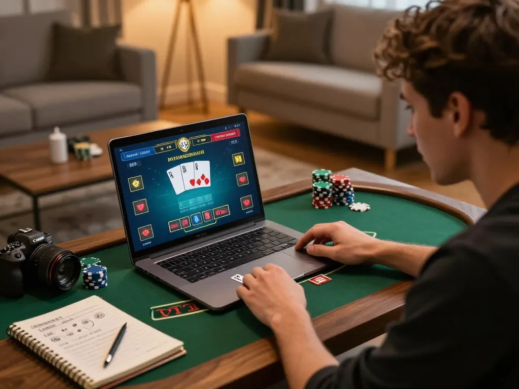 Player engaging with gk88 blackjack game on laptop at home, showcasing strategic gameplay.
