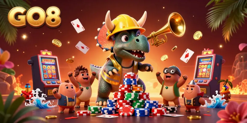 GO8 illustration with a triceratops and parasaurolophus celebrating gambling wins with poker chip pyramids.