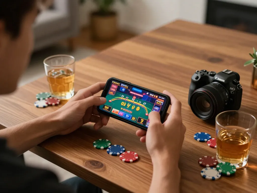 Engaging moment of mobile gambling on gen88h app, showcasing live dealer interaction and intimate home setup.